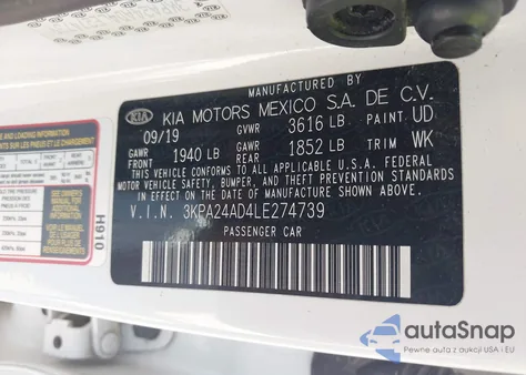 2020 Kia Rio Lx z USA, uszkodzony, nr VIN 3KPA24AD4LE274739